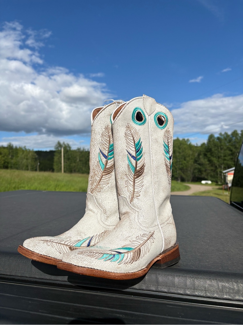 White Feather-Embroidered Western Ankle Boots